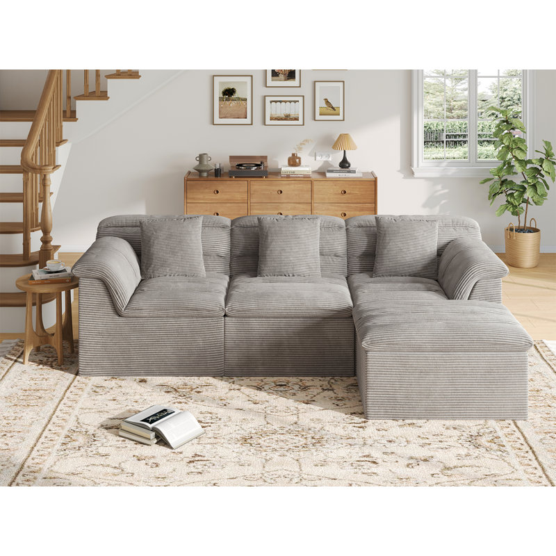 Canapé modulaire de 112 po avec repose-pieds modulaire avec repose-pieds, aucun assemblage requis, Gris clair