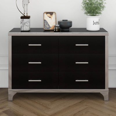 Commode 6 tiroirs avec poignée en métal, élégante armoire de rangement à miroir ultrabrillant pour chambre à coucher, salon