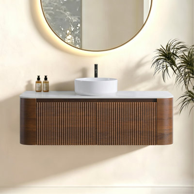Meuble-lavabo 48 po avec lavabo, armoire murale en noyer avec porte-serviettes gratuit, lavabo simple en céramique blanche, sans drain et robinet, pré-assemblé
