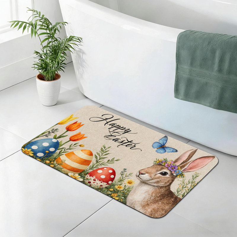 Tapis de bain antidérapant, 24 po x 36 po, lapin de Pâques à couronne florale, salle de bain et vestibule