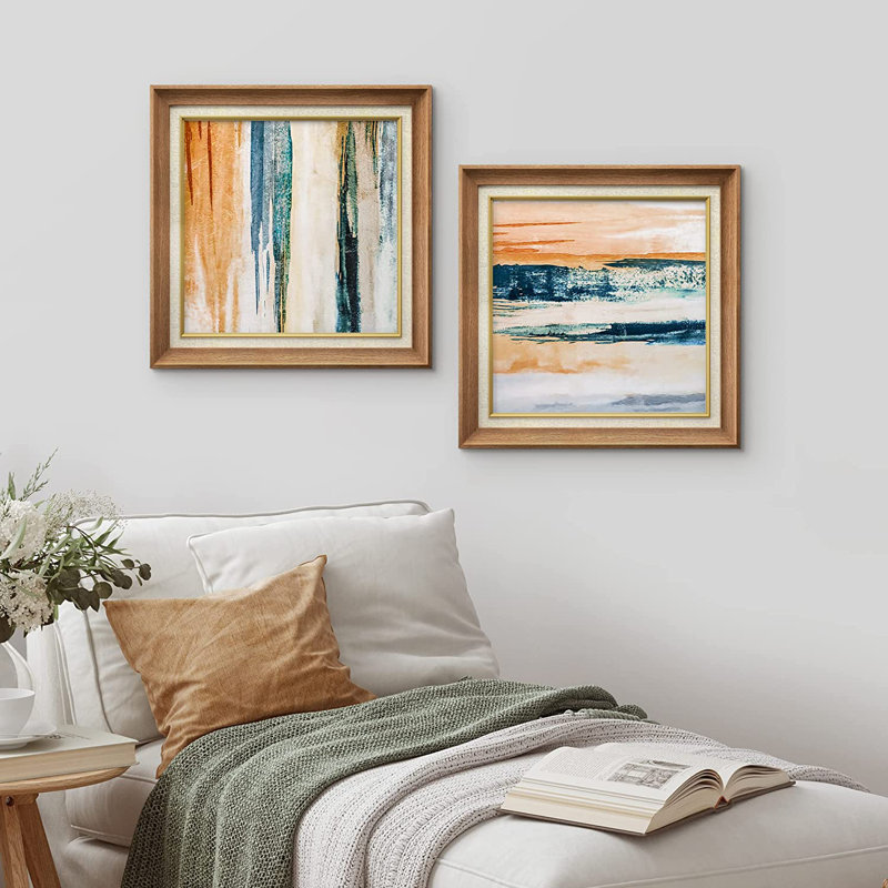 «Pastel Colorful Blue and Orange», ensemble de 2 peintures sur toile encadrées, Naturel