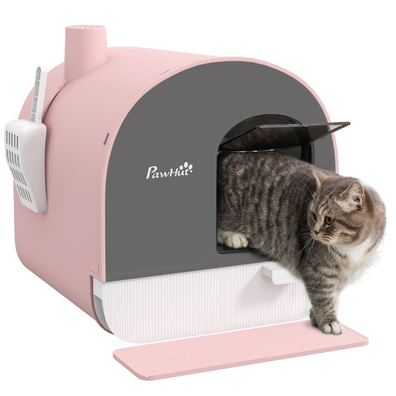 Plastic Litter Box Enclosure with Scoop, Pink/Grey/White