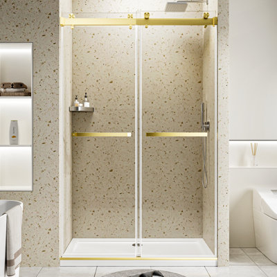 44-48 " W X 76 " H Double Sliding Frameless Shower Door 1/4" Tempered Glass With Explosion-proof Film Gold, Stainless Steel Hardware, Gold