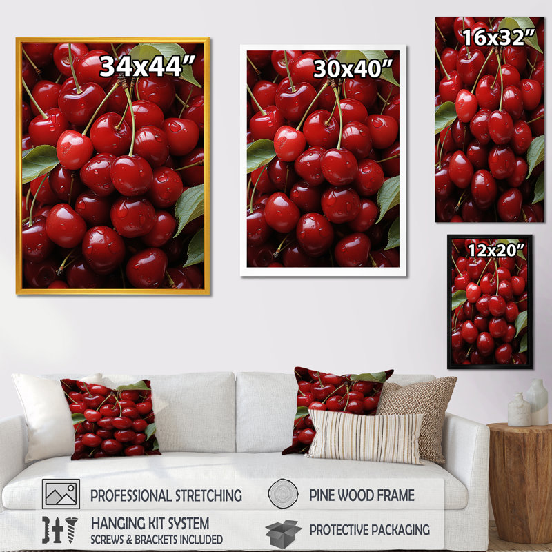 Red Cherry Fruit Beauty II - art mural cerise, H 32 po x l 24 po x P 1 po, Toile tendue