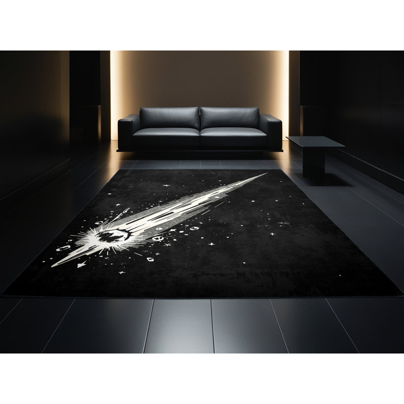 Machine Washable Orys Bold & Eclectic Modern Starburst Rug in Gray – Black Binding, 4 x 6