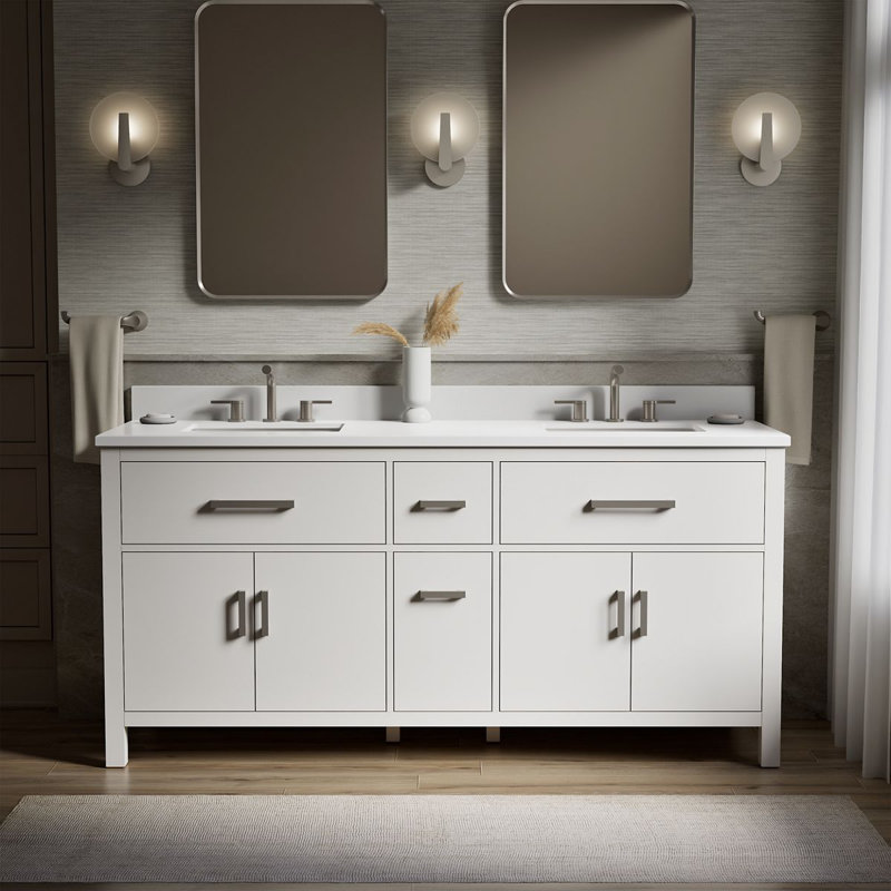 Kresla Bathroom Vanity Cabinet With Sinks And Quartz Top, White, Brushed Nickel, 72"