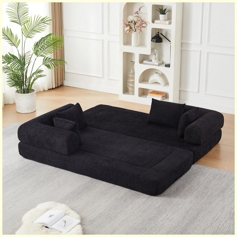 Canapé-lit convertible en chenille avec coussins décoratifs Chenille, Black