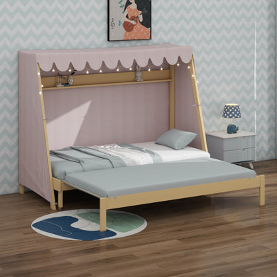 Lit simple TG, cadre de lit simple TG, lit gigogne simple TG avec tente écossaise rose, tablette de rangement, lumière DEL jaune chaud