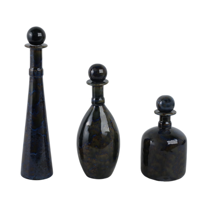 Set Of 3 8/11/15" Olympia Blue Ceramic Bottles