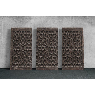 Islamic Geometric Wall Art 3 Panel Canvas Print, Rustic Faux Carved Wood Texture Decor, Moroccan Style Triptych Mural, Made in USA, Painting Reproduction