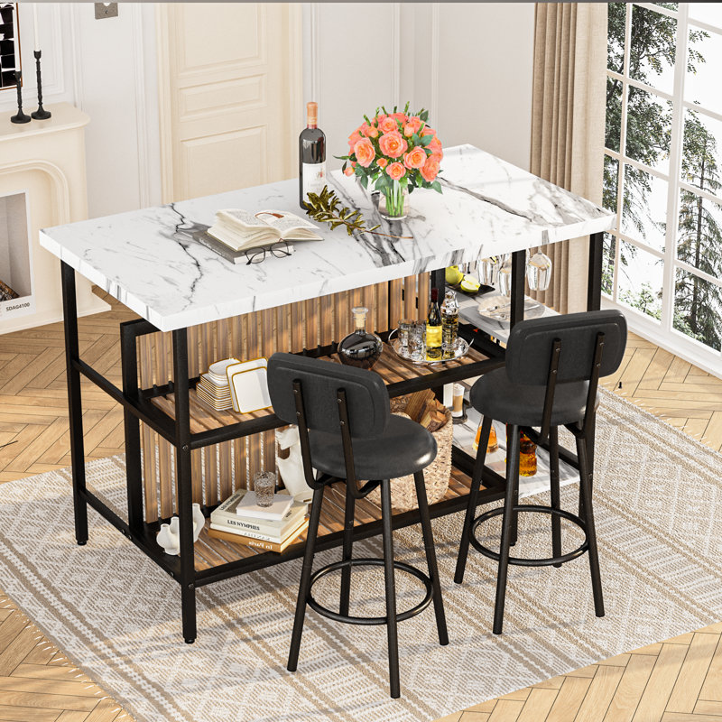 Îlot de cuisine avec sièges et rangement, table bistro et chaises, ensemble de 2 avec 5 tablettes, petite table de bar moderne et 2 tabourets rembourrés en polyuréthane avec dossiers pour les petits espaces