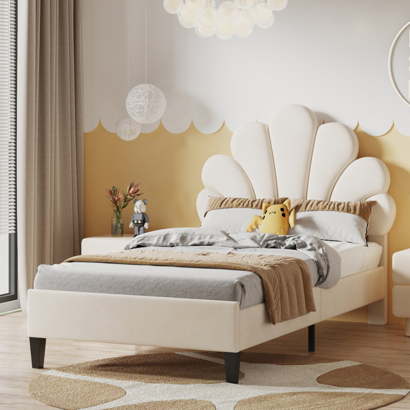 Akershus Upholstered Bed With Shell-Shaped Headboard, Beige