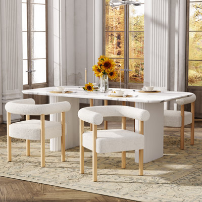 Modern 71in Oval Dining Table & 4/6 White Teddy Fleece Chairs Set for 4-6  Kitchen/Dining Room
