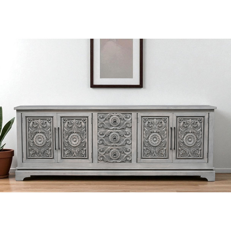 3-drawer 4-door Carved Solid Wood Sideboard, Gray