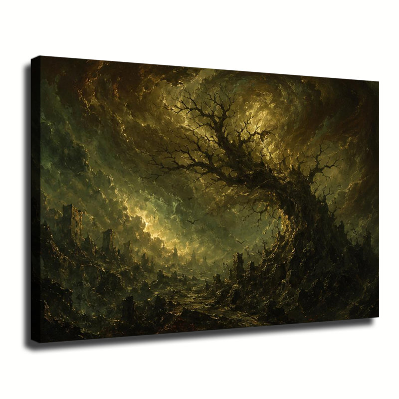 Art mural sur toile géant, arbre mort sur torsadé, Royaume médiéval sous ciel tourbillonnant, 24 po x 36 po