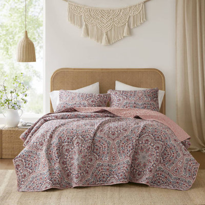 Ensemble de courtepointe réversible à motif floral 3 pièces avec taies d'oreiller et bourre légère matelassée King Boho