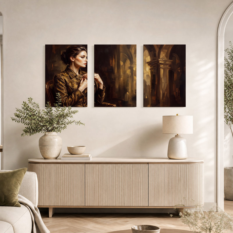 Femme en veste marron devant des arches en pierre - Ensemble de 3 tableaux sur toile, 24"H x 16"W x 3pcs