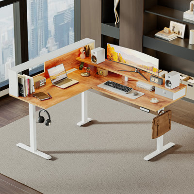 63 Inch L-Shaped Electric Height Adjustable Standing Desk with Monitor Shelf, Corner Home Office Desk with Power Outlets & LED Lights, Sit Stand Computer Desk with Hooks & Cable Management,Light Rustic Brown
