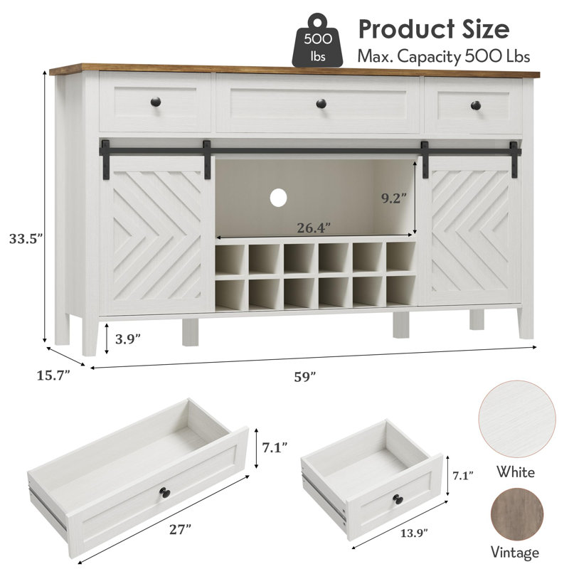 59" Sideboard Buffet Cabinet with Barn Door, 3 Drawers, Adjustable Shelf & Removable Wine Rack, White