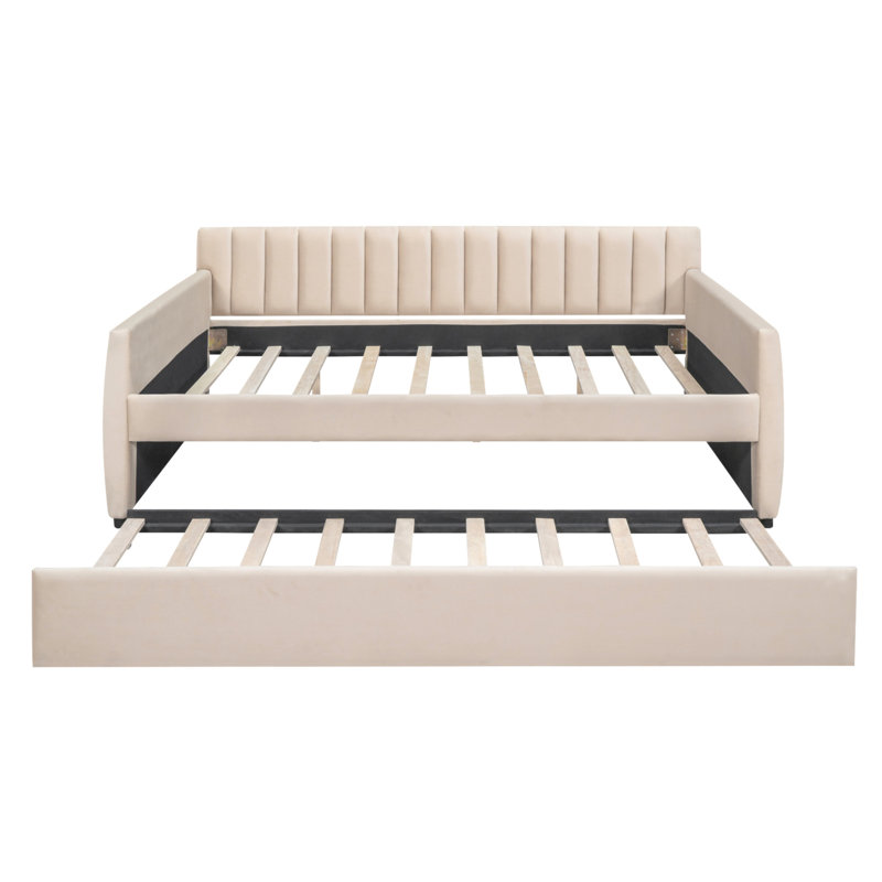 Full Size Upholstered Daybed With Trundle And Wood Slat Support For Comfort And Durability, Beige
