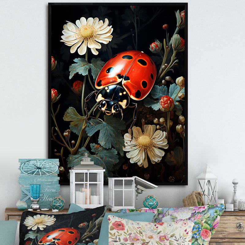 Coccinelle à motif floral sur toile, Cadre flottant noir, H 20 po x l 12 po x P 1 po
