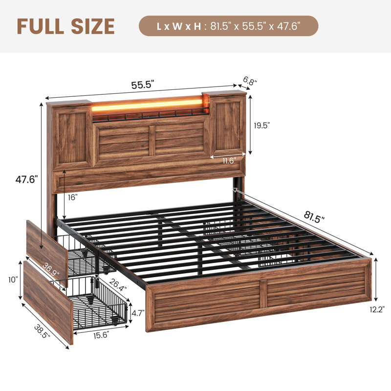 Cadre de lit double Farmhouse avec tête de lit et armoires de rangement, cadre de lit plateforme en bois avec 4 tiroirs, aucun sommier nécessaire, brun