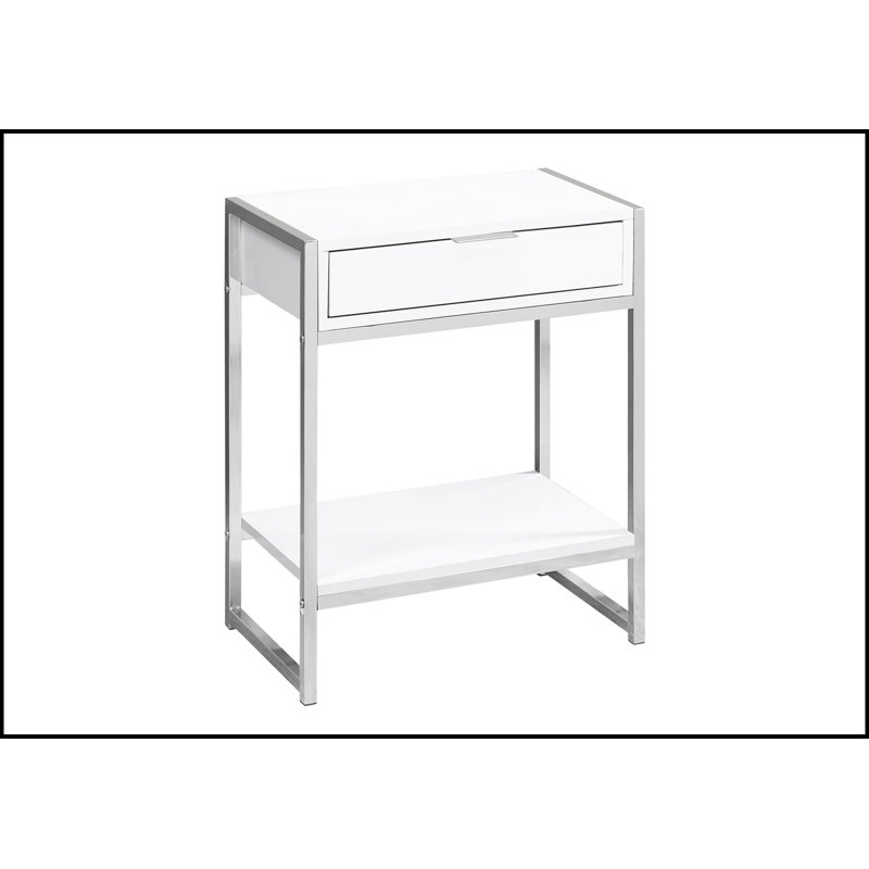 Table de bout, table de bout, table de bout, table de chevet, tiroir de rangement, stratifié brillant, métal chromé