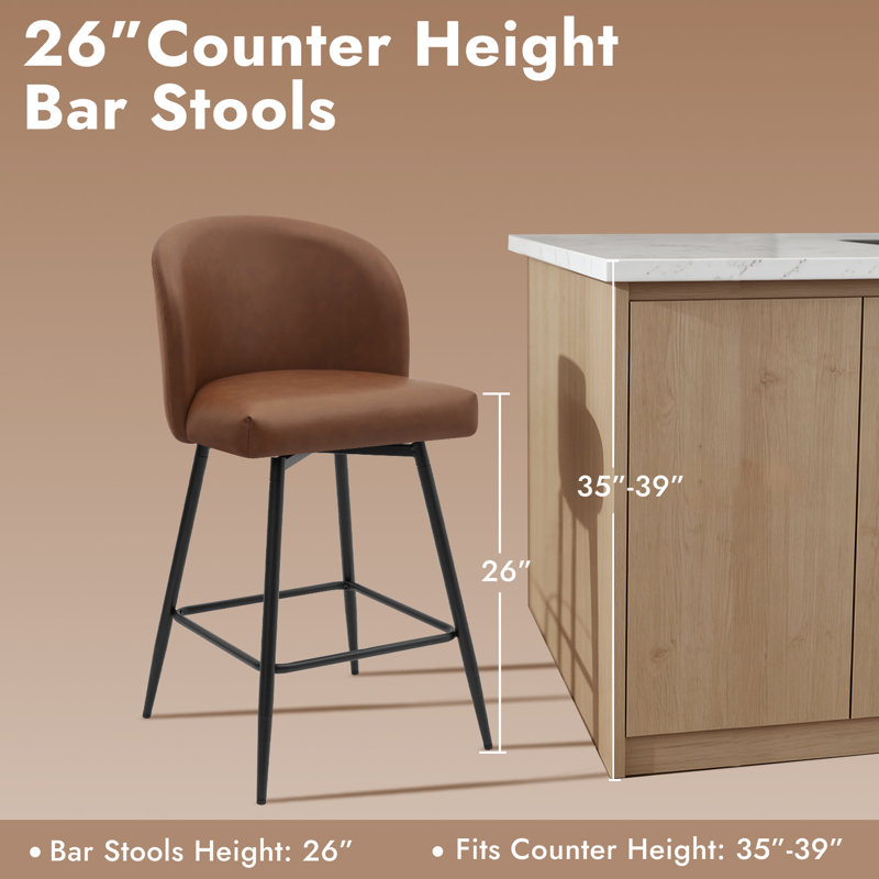 360°Swivel Barstool Counter Height Barstools with Back, Walnut/Faux Leather