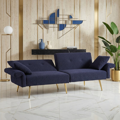 Modern Teddy Upholstered Convertible Sleeper Loveseat with Adjustable Armrests and Gold Metal Legs