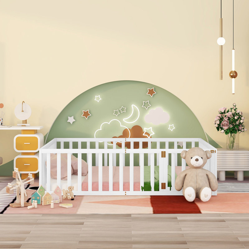 Structure de lit en bois avec clôture et porte, Blanc, Grand lit