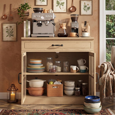 32" Rustic White Farmhouse Coffee Bar Cabinet with Glass Doors, Small Sideboard Buffet with Drawer Storage Console TV Stand