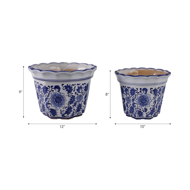 Stoneware Ceramic Planters with Scalloped Edge and Floral Relief Detail, Decorative Handcrafted Garden Accent Containers for Indoor or Outdoor Display, Set of 2