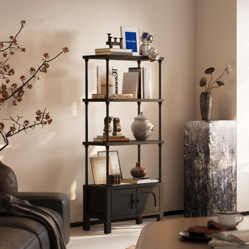 Small Odilia With Door 54 Inches Wood Bookcase Black Book Shelf With Storage Cabinet Heavy-Duty Shelving Board Aesthetic Display Shelving Unit For Living Room/Office