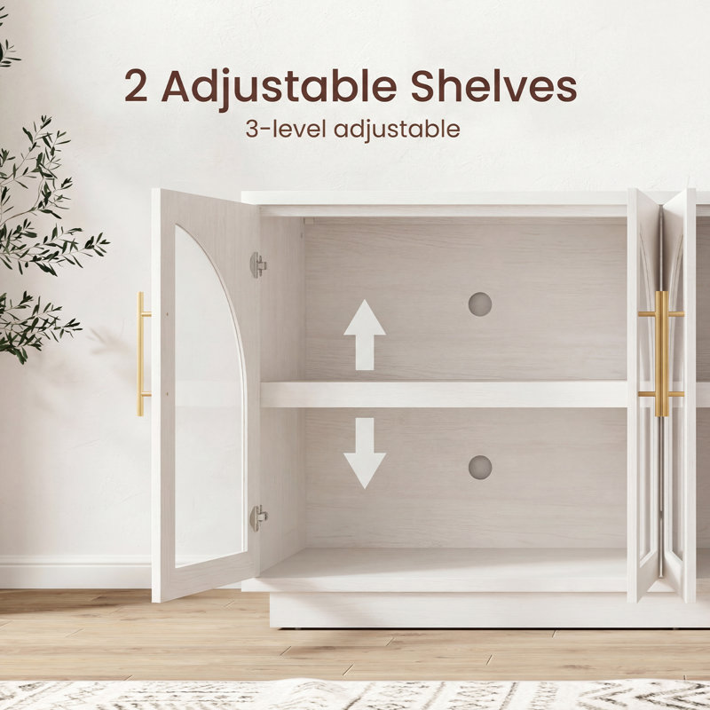 Arden 60" Curved Arch Sideboard Cabinet with 4 Tempered Glass Doors and Adjustable Shelves, 1Pc, White
