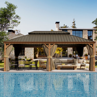 14x22ft Hardtop Gazebo with Netting and Curtains, Outdoor Heat Transfer Aluminum Frame Gazebo