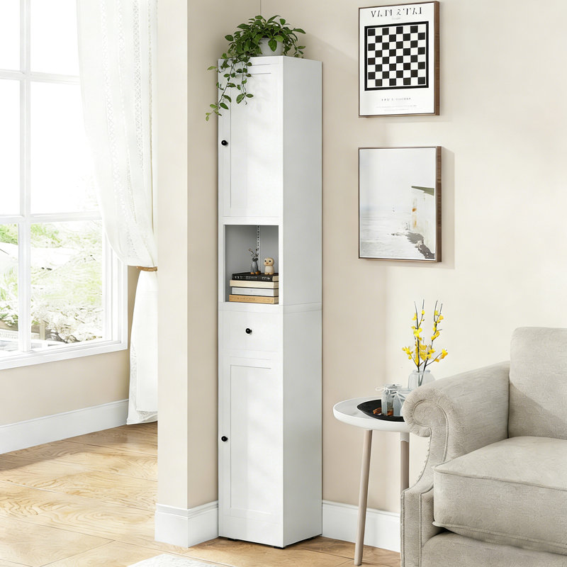 5 - Tier Freestanding Metal 71 Inch Tall White Cabinet With 2 Doors And Adjustable Shelves For Bathroom, Pantry Kitchen, Space Saving In Compact Kitchen Narrow Cabinet, Tall, White, Laundry Room