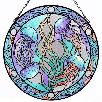 Jellyfish Art Stained Glass Window Panel，12"H