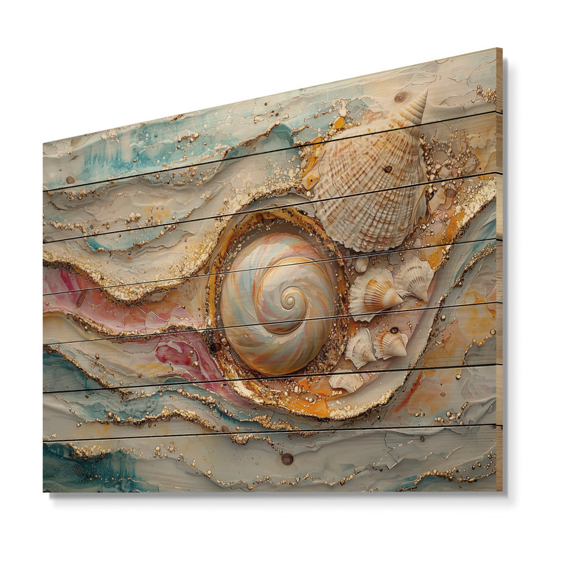 Coquillage et émeraude sable III - art mural bois côtier - sur bois de pin naturel, H 34 po x l 44 po x P 0,78 po