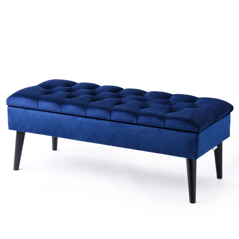 Thalassa Velvet Upholstered Storage Bench, Black, H44 x W140 x D30cm, Dark Blue