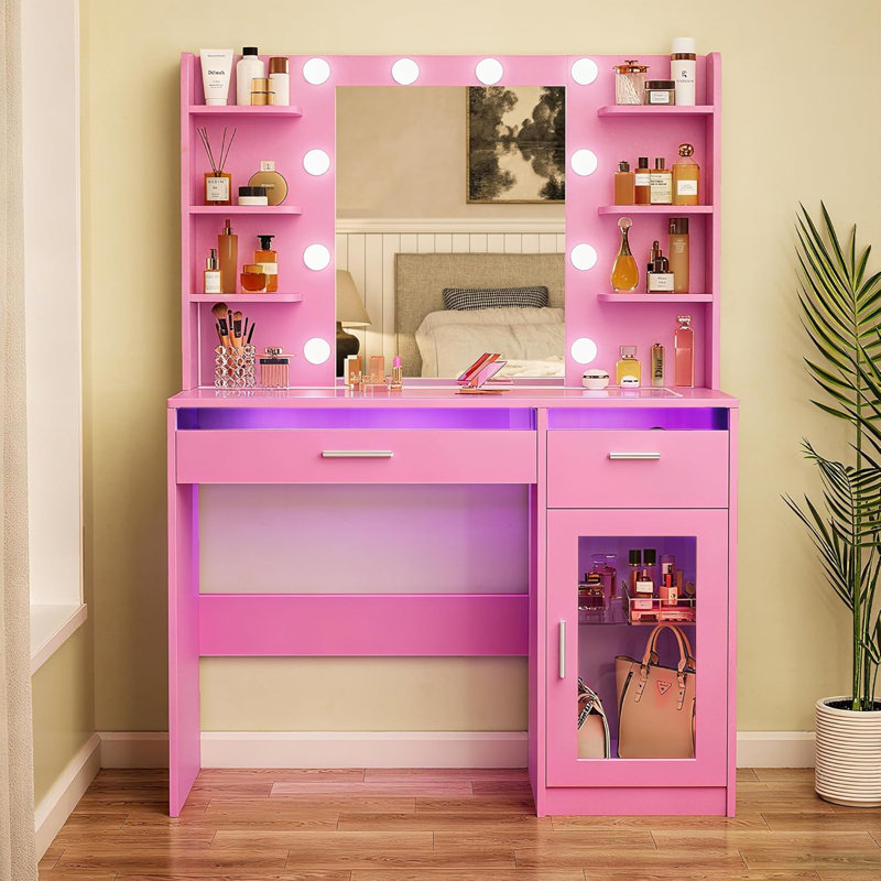 Bureau de coiffeuse avec lumières Melanni, bureau transparent, prise de courant, Rose