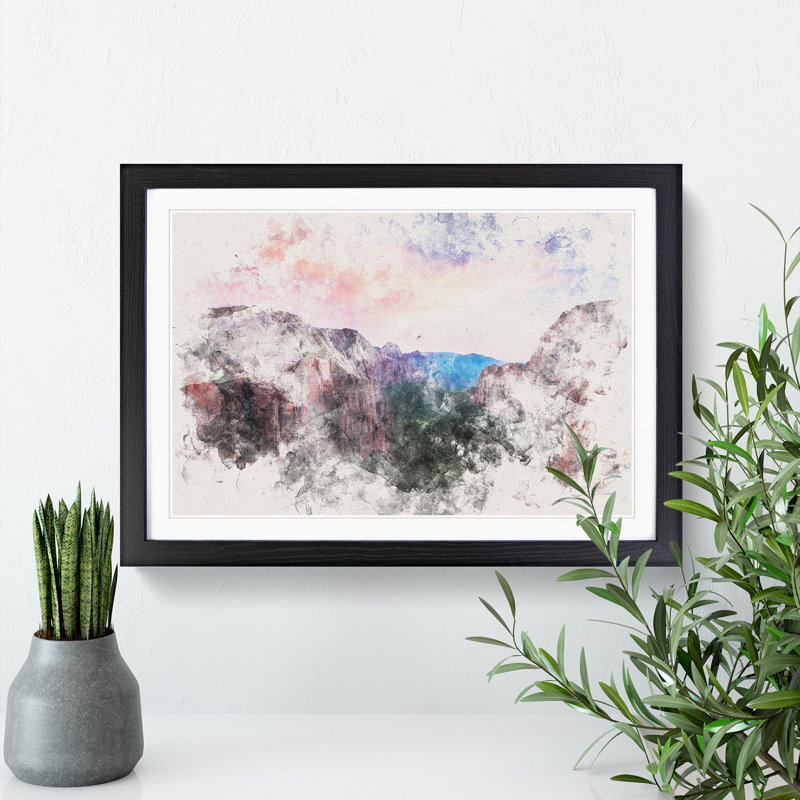 View Of Zion National Park In Utah Watercolour - Framed Print, 35cm H x 50cm W x 2cm D, Black