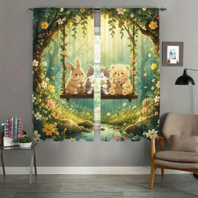 2Pcs Cute Animals Spring Floral Curtains, Adorable Bunny Cat Bear Swinging Garden Scene Patterned Modern Farmhouse French Country Light Filtering For Living Room Bedroom Kitchen Window Drapes, Easter Decorations