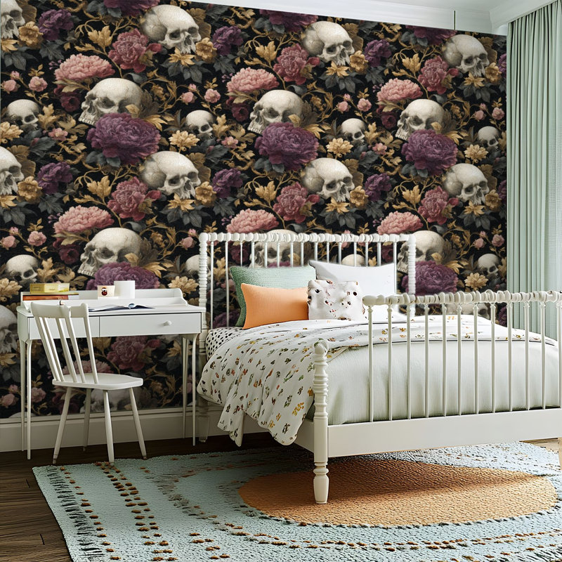 Papier peint adhésif peler et coller en PVC, revêtement mural auto-adhésif amovible avec impression de style antique sans couture botanique crâne foncé romantique, imperméable pour la décoration intérieure - Rouleau
