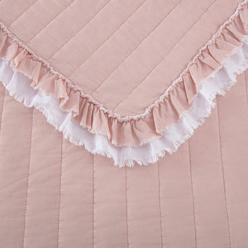 Twin Blush Cotton Reversible Quilt Set with Ruffled Edges