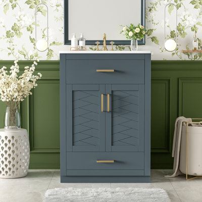 Meuble-lavabo 24 po avec lavabo en céramique intégré, armoire de salle de bain avec 2 portes, 1 tiroir basculant, meuble-lavabo simple pour petite et moyenne salle de bain, bleu
