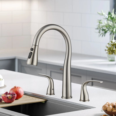 High Arc Kitchen Sink Faucet Kitchen Faucet 3 Holes With Pull Down Spray Head, 2 Handles With 3 Function Spray Heads, Stainless Steel
