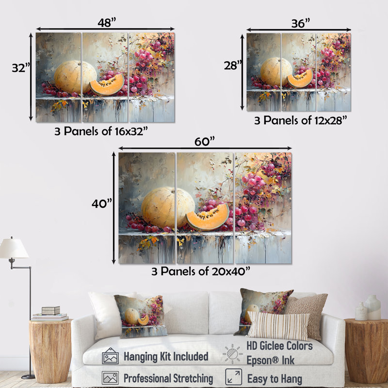 Ensemble de salon Melon dans des tons oranges et roses - Melon Wall Art, Toile tendue, H 32 po x l 48 po x P 1 po