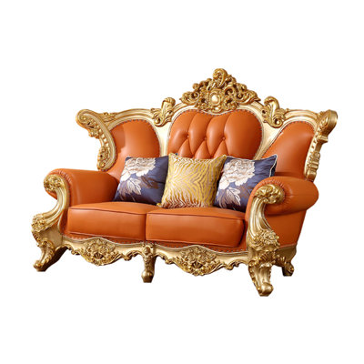 Canapé sculpté de style européen. Causeuse à accoudoirs roulés en cuir véritable 72,8 po