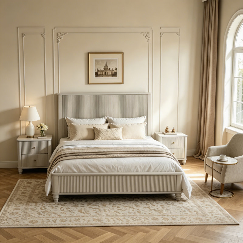 Ensemble de chambre à coucher 3 pièces avec grand lit et 2 tables de chevet, Beige, Grand lit