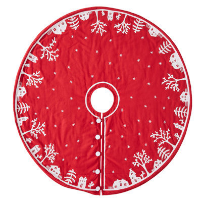 Jupe d'arbre de Noël en coton faite à la main - scène de village sur fond rouge - 60 po